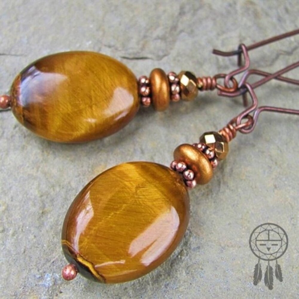 Golden Tiger Eye Gemstone Earrings in Copper - Picture 5 of 8